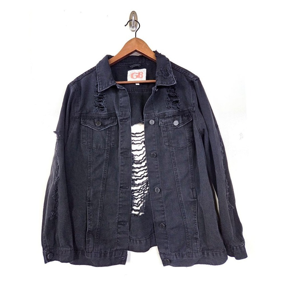 GB Black Distressed Denim Jacket L Grunge Shredded Trucker Punk